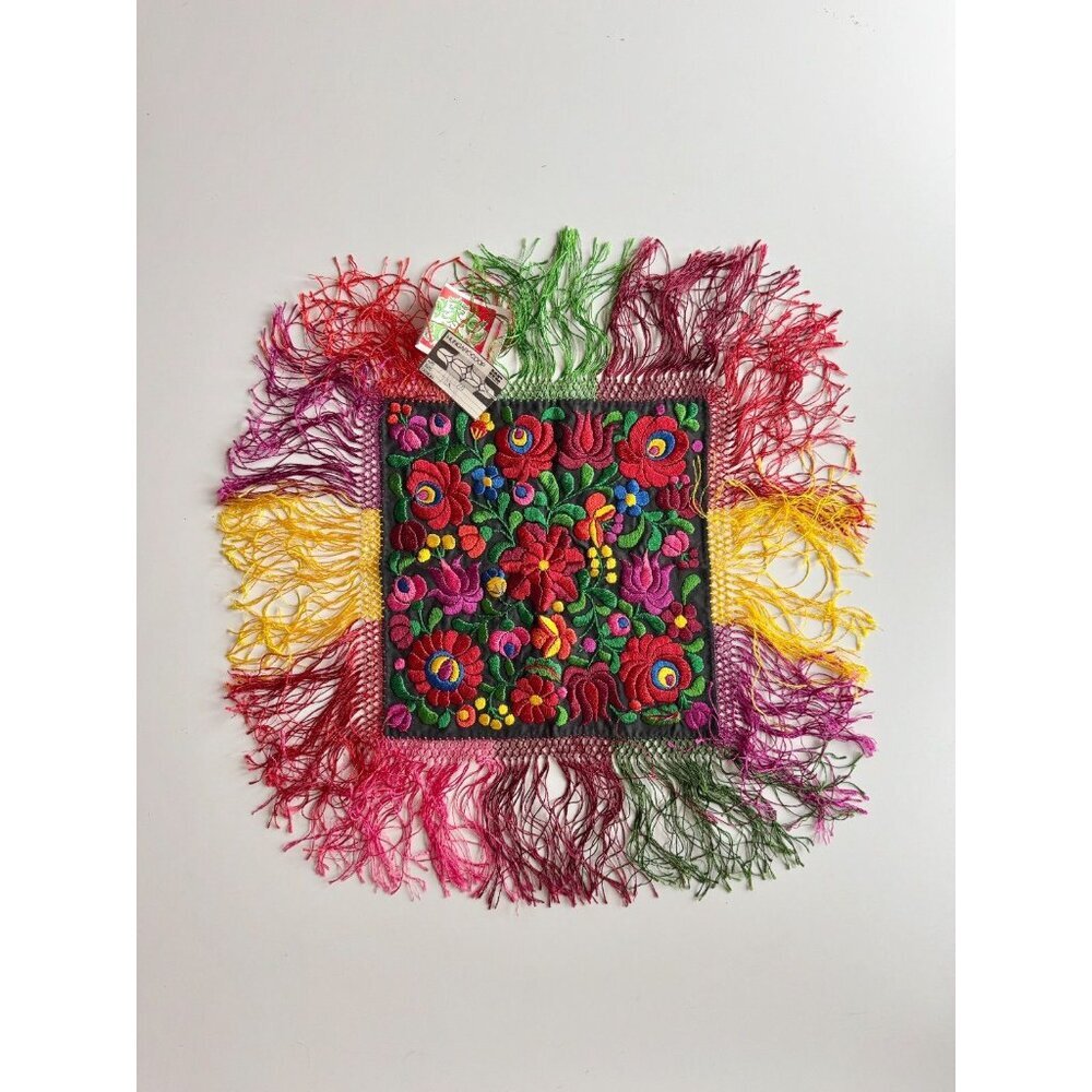 Vintage NWT Hungarian Floral Embroidered Cotton Fringed Table Cloth Placemat